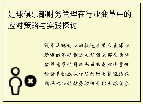 足球俱乐部财务管理在行业变革中的应对策略与实践探讨