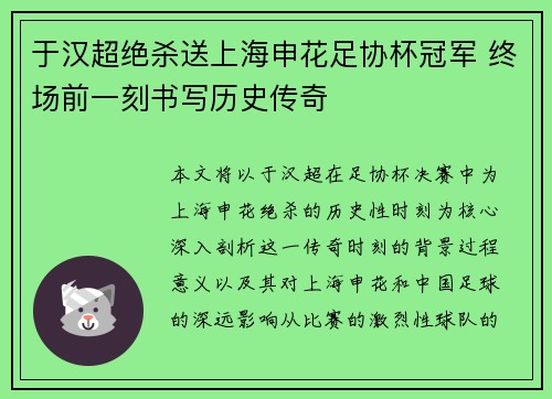 于汉超绝杀送上海申花足协杯冠军 终场前一刻书写历史传奇