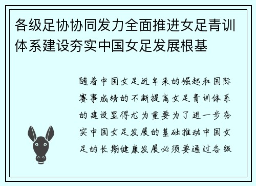 各级足协协同发力全面推进女足青训体系建设夯实中国女足发展根基